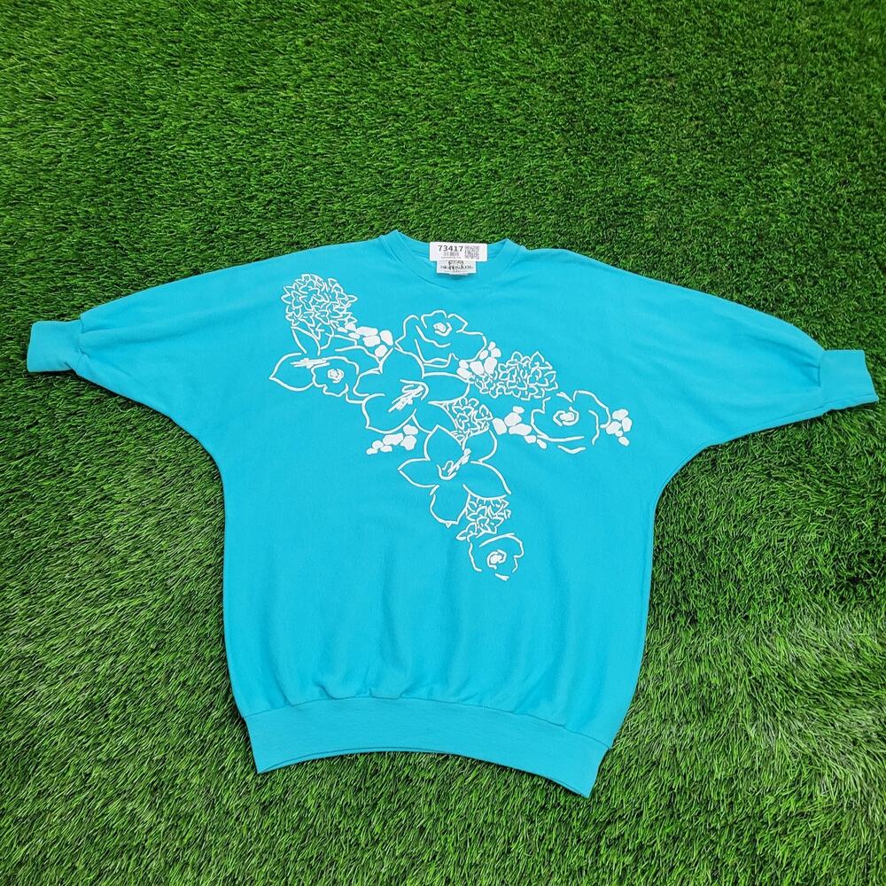 Vintage 80s Flower Sweatshirt Womens M 19x24 Dolman-Sleeve
